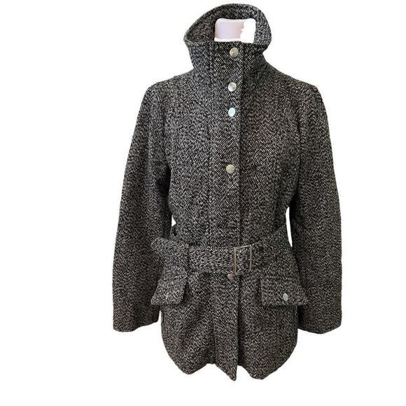 GUESS Los Angeles Black/White Houndstooth Zip/Snap Belted Coat  M - Picture 1 of 11